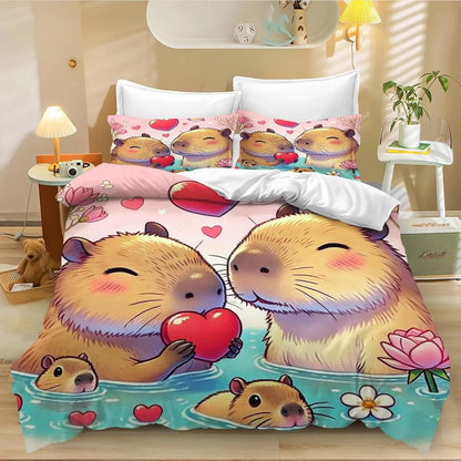 Juego de cama de carpincho de dibujos animados de 4 piezas, funda nórdica y funda de almohada, para adultos, niños y niñas, decoración de dormitorio infantil, tamaño individual y doble