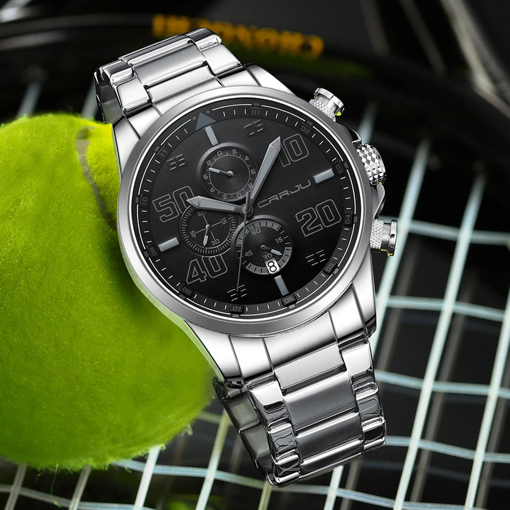 Montre pour homme CRRJU – Chronographe de luxe, grand cadran, acier inoxydable, étanche, avec affichage de la date