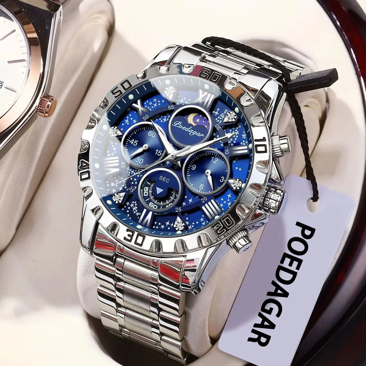 Pánske hodinky POEDAGAR – luxusný chronograf, vodotesné a luminiscenčné, z nehrdzavejúcej ocele, v športovom a vojenskom štýle, s quartzovým strojčekom
