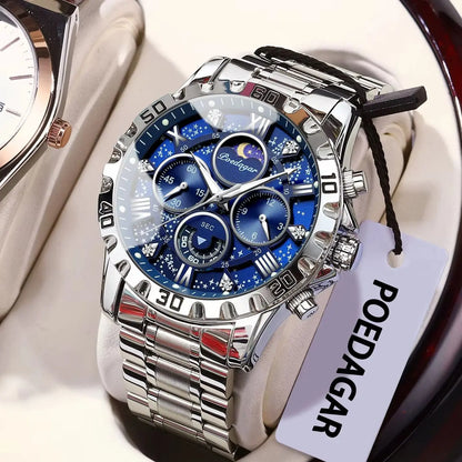 Pánske hodinky POEDAGAR – luxusný chronograf, vodotesné a luminiscenčné, z nehrdzavejúcej ocele, v športovom a vojenskom štýle, s quartzovým strojčekom