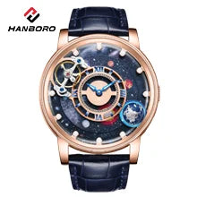 HANBORO mechanisch herenhorloge – Automatisch uurwerk, wekker, uursignaal, waterdicht tot 100 m, saffierglas, stalen kast, elegante en unieke stijl.