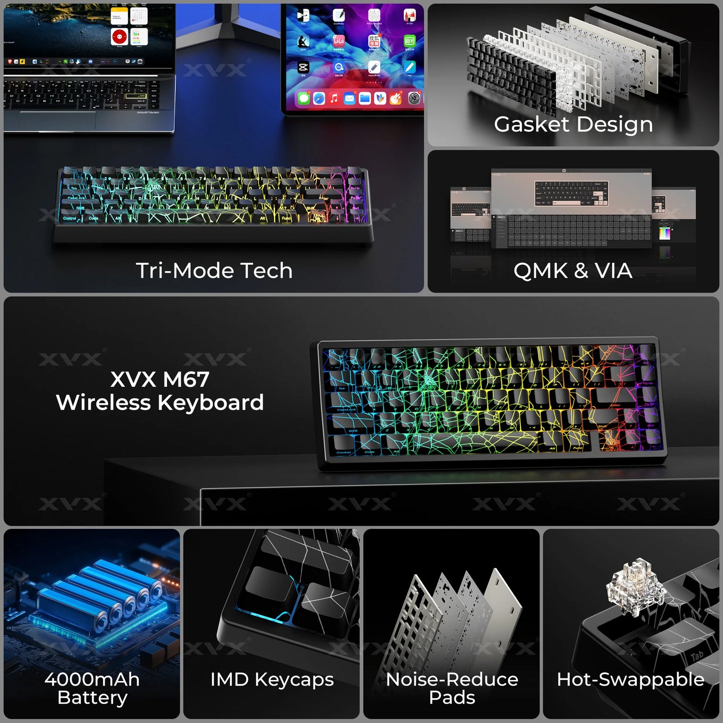 XVX Spider Web Keyboard M67 JadeStone mit IMD-Tech-Tastenkappen, Tri-Mode-Verbindung, individueller RGB-Hintergrundbeleuchtung, Tastatur 60%