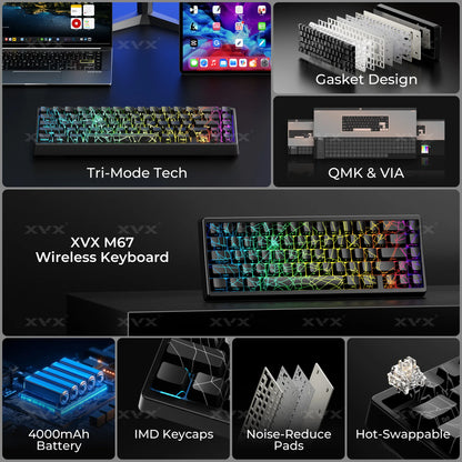 XVX Spider Web Keyboard M67 JadeStone mit IMD-Tech-Tastenkappen, Tri-Mode-Verbindung, individueller RGB-Hintergrundbeleuchtung, Tastatur 60%