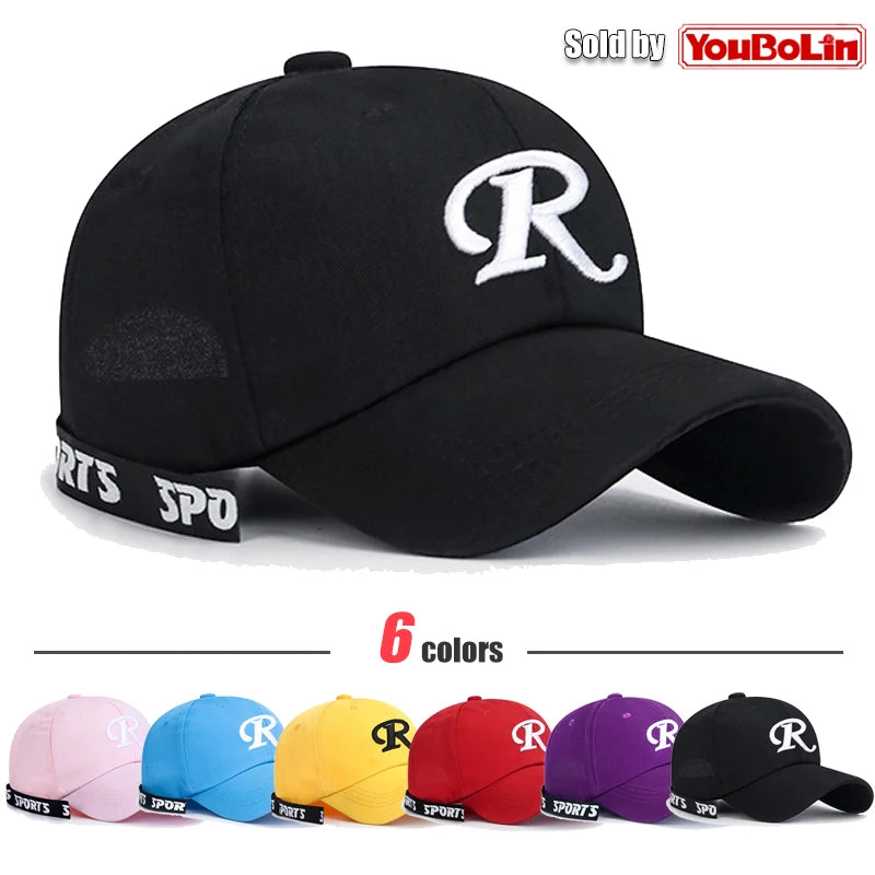 Casquette de baseball à visière rigide ajustable en coton brodé avec ruban en forme de lettre « R », casquette de soleil, casquette de camionneur, casquette hip-hop