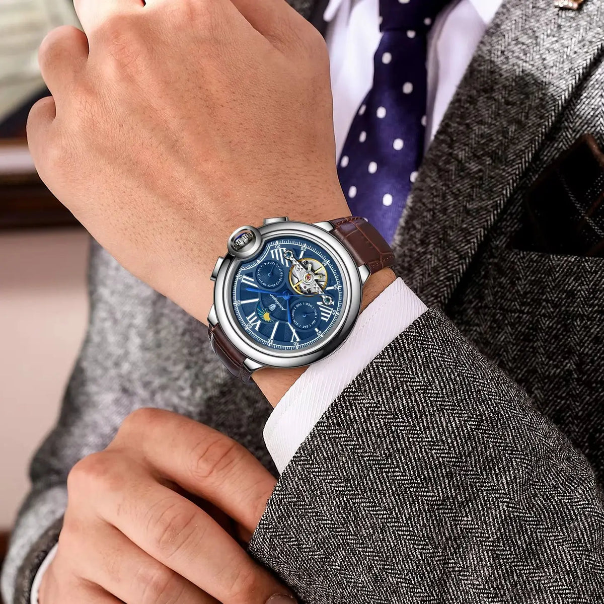 Reloj de lujo para hombre POEDAGAR: modelo automático mecánico con indicador de fecha y día, correa de piel, tourbillon, resistente al agua, estilo elegante y profesional.