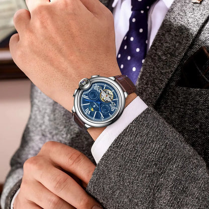Reloj de lujo para hombre POEDAGAR: modelo automático mecánico con indicador de fecha y día, correa de piel, tourbillon, resistente al agua, estilo elegante y profesional.