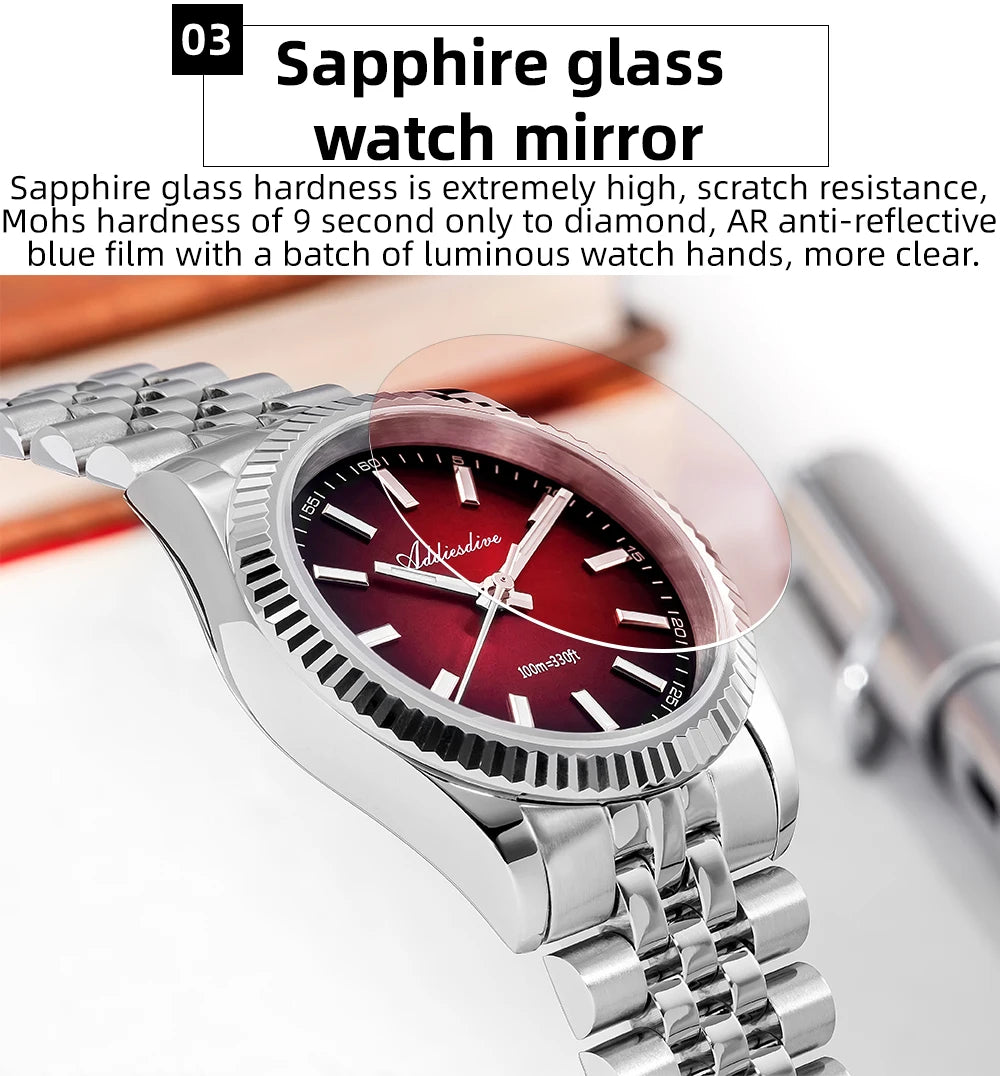 Relógio masculino novo ADDIESDIVE AD2073, vidro de safira, 36mm, VH31, quartz, efeito sunburst, 10Bar, impermeável para mergulho, luminoso