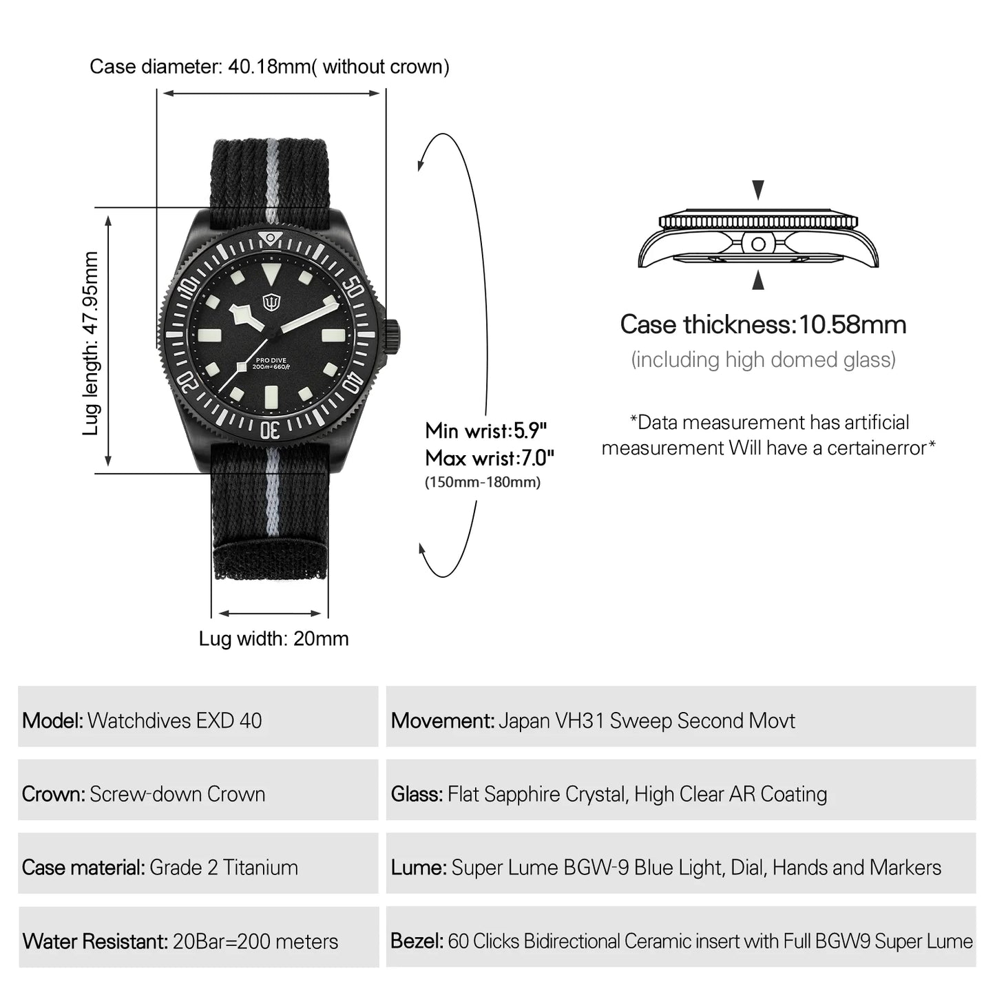 Watchdives EXD 40Mm Titanium Dive Watch Man VH31 Sweep Quartz Watches 200 Waterproof Ar Sapphire BGW9 Luminous 316L Wristwatch