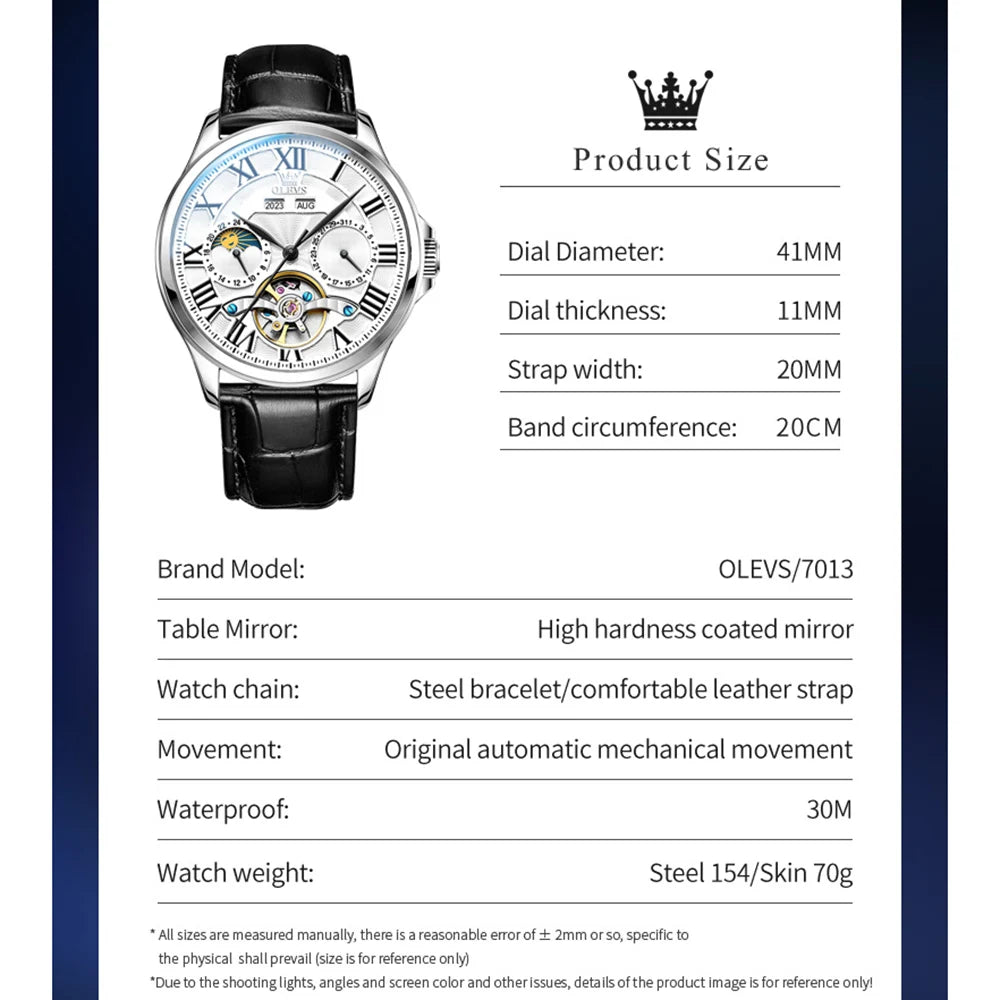 OLEVS 7013 Men’s Automatic Mechanical Watch Moon Phase, Roman Numeral Dial, Skeleton Flywheel, Luminous & 30M Waterproof