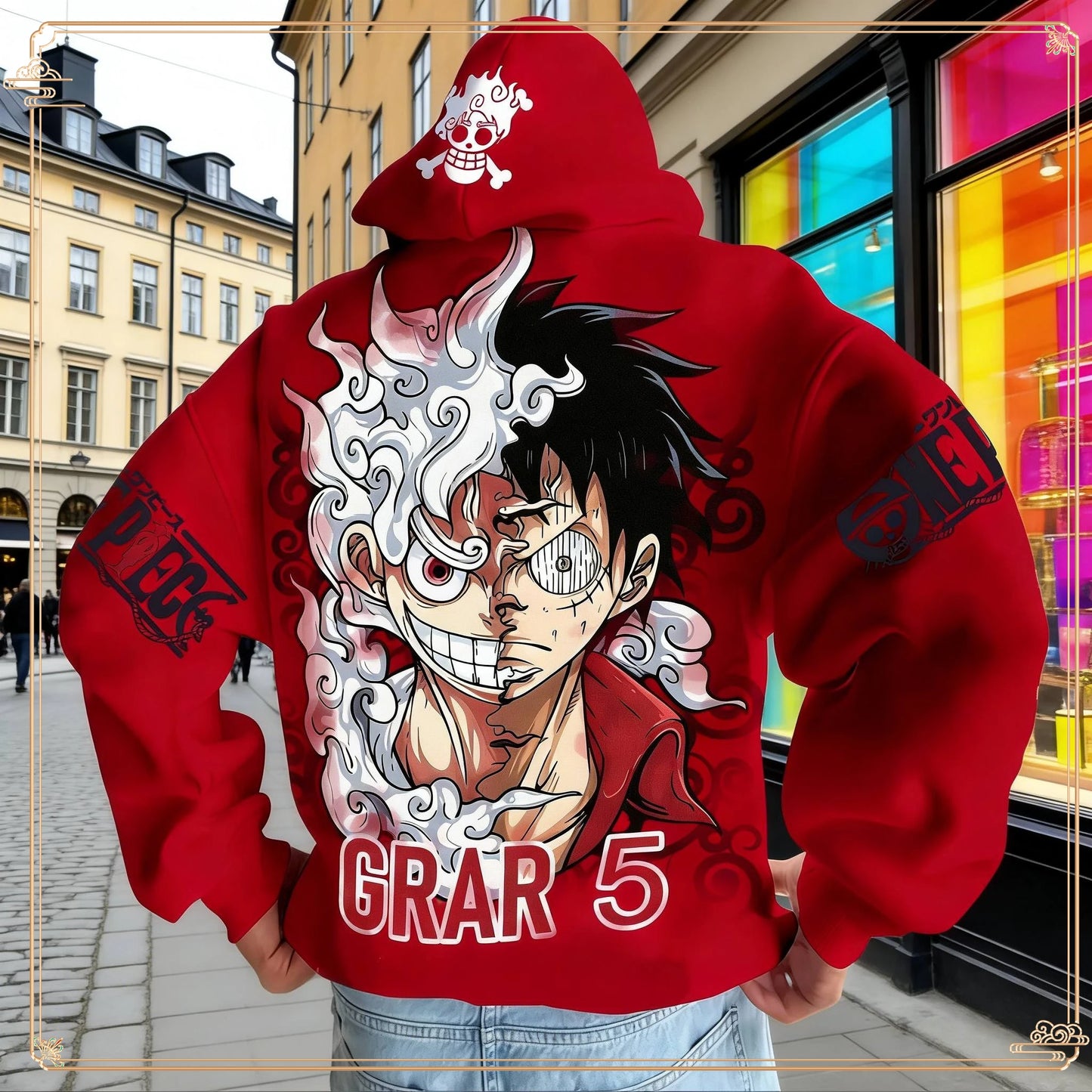 One Piece Luffy Gear 5 Hoodie Pants Set Red Cotton Tracksuit with Character Print on Hoodie Front Pant Side Loose Fit Two Piece