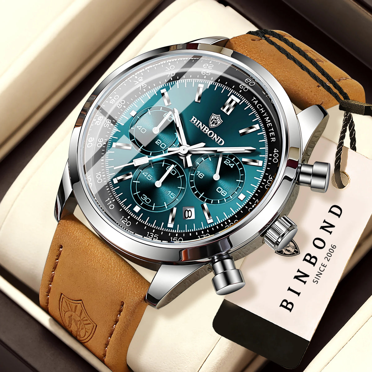 Robuste und präzise BINBOND-Quarz-Chronographenuhr für Herren, luxuriös, mit automatischer Datumsanzeige, Leuchtzeiger und wasserdicht, im lässigen Stil.