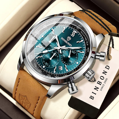 Robuste und präzise BINBOND-Quarz-Chronographenuhr für Herren, luxuriös, mit automatischer Datumsanzeige, Leuchtzeiger und wasserdicht, im lässigen Stil.