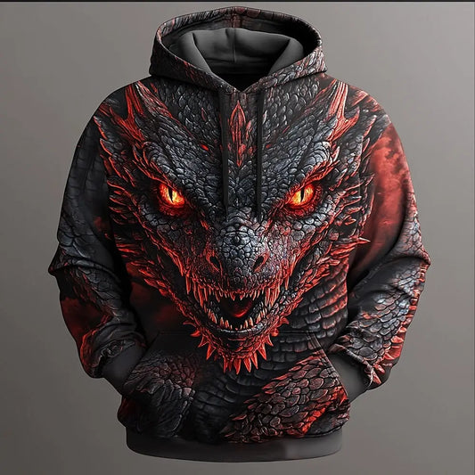Miesten Dragon 3D -huppari, muodikas ja tyylikäs arkeen, pitkähihainen pyöreällä pääntiellä, juhliin, lomalle ja streetwear-tyyliin, syys- ja talvikauden verryttelytakki