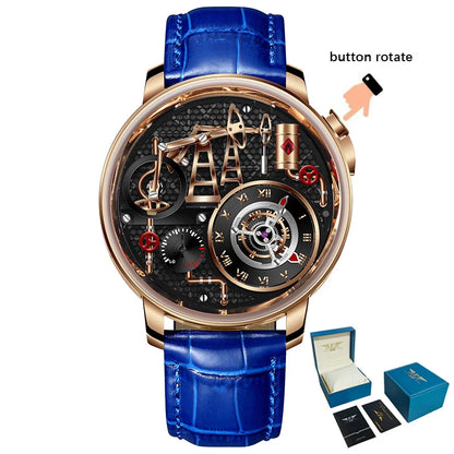 Reloj de cuarzo PINDU NEW TOP con bomba de aceite de botón para hombre de negocios, 45.5MM, cristal de zafiro, resistente al agua, correa de cuero para hombre
