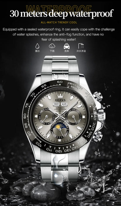 OLEVS 6654 Luxury Mens Watch Chronograph Automatic Mechanical Wristwatch Waterproof Luminous Top Brand Watch for Man Date Sport