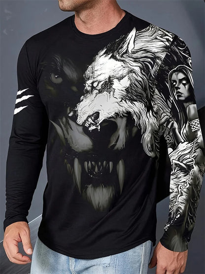 2024 New Wolf Print Men's Long Sleeve T-shirt Spring And Autumn Men's Daily Casual Shirt Street Fashion Men's Long Sleeve T-shir