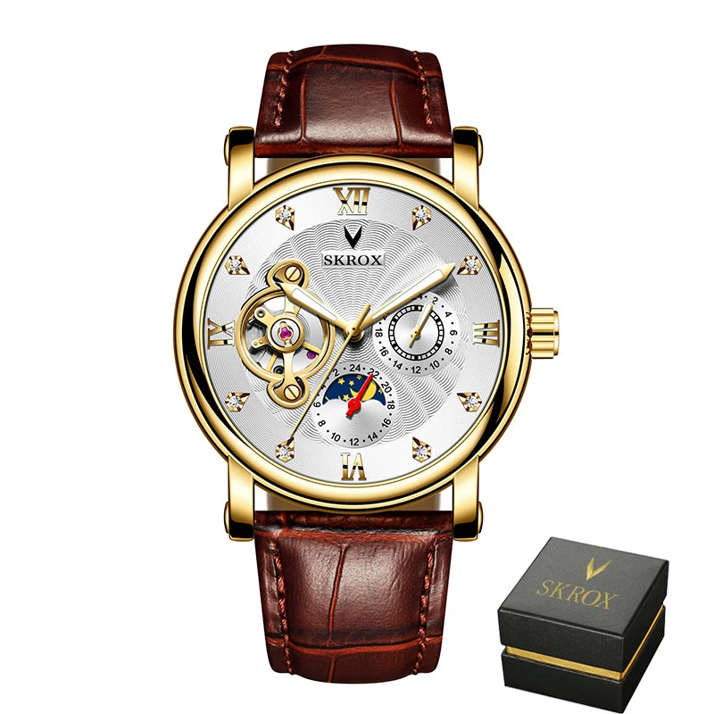 Relógio mecânico automático de luxo para homem, de uma grande marca, equipado com um turbilhão, uma fase lunar e diamantes – um elegante relógio de pulso.