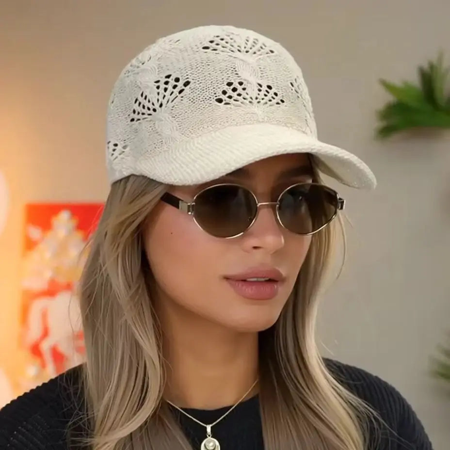 Summer Glossy Openwork Knit Baseball Cap for Women,Outdoor Sun Protection Hat Breathable Flattering Versatile