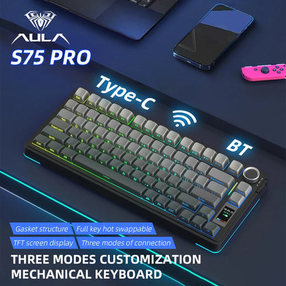 AULA S75 PRO Wireless Mechanical Keyboard with Screen Knob 75% Hot Swappable Gaming Keyboard with Pre-lubed Switches RGB Backlit