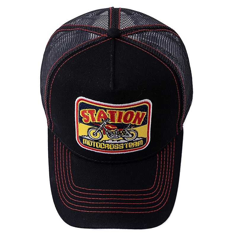 Casquette de camionneur unisexe en maille, motif moto classique, casquette de baseball d'été respirante, casquette streetwear pour hommes et femmes