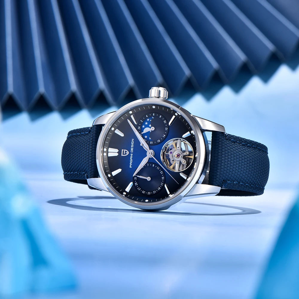 PAGANI DESIGN – Orologio meccanico di lusso da uomo, 41 mm, vetro zaffiro, cinturino in pelle, impermeabile, stile pilota, con tourbillon e fasi lunari
