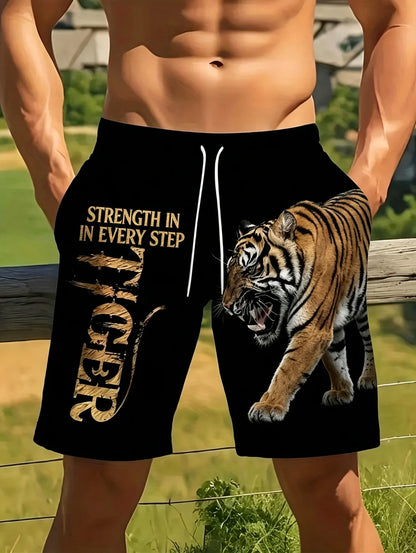 Men Beach Shorts Casual Animal 3D Print Tiger Graphics Drawstring Summer Running Shorts Loose Quick-Dry Sportswear Men Clothes