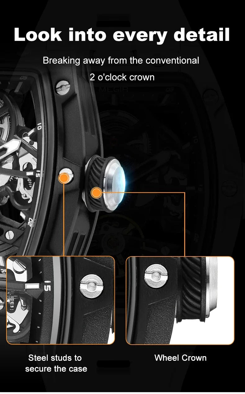 MEGIR MG-2242G Men’s Automatic Mechanical Watch  Skeleton Barrel Case, Luminous Hands & Silicone Strap