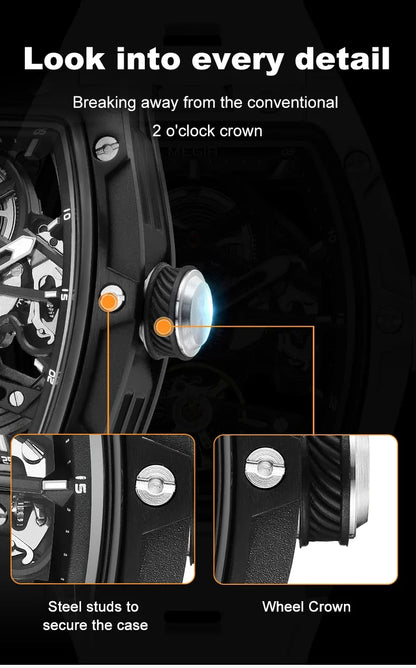 MEGIR MG-2242G Men’s Automatic Mechanical Watch  Skeleton Barrel Case, Luminous Hands & Silicone Strap