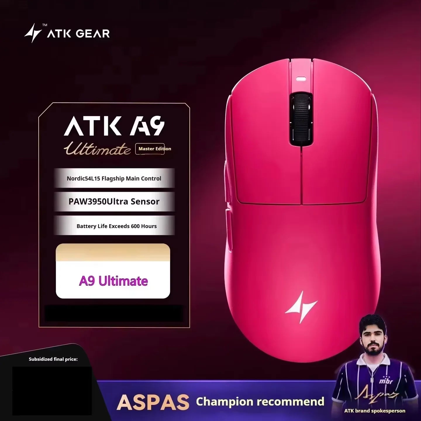ATK A9 bezdrôtová herná myš s technológiou NearLink, ergonomická PAW3395, trojrežimová Bluetooth myš s nízkou latenciou pre e-šport a PC