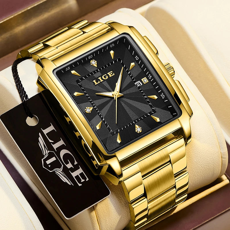 Reloj para hombre LIGE: estilo militar y moderno, caja cuadrada, cronógrafo de cuarzo, resistente al agua, marca de lujo