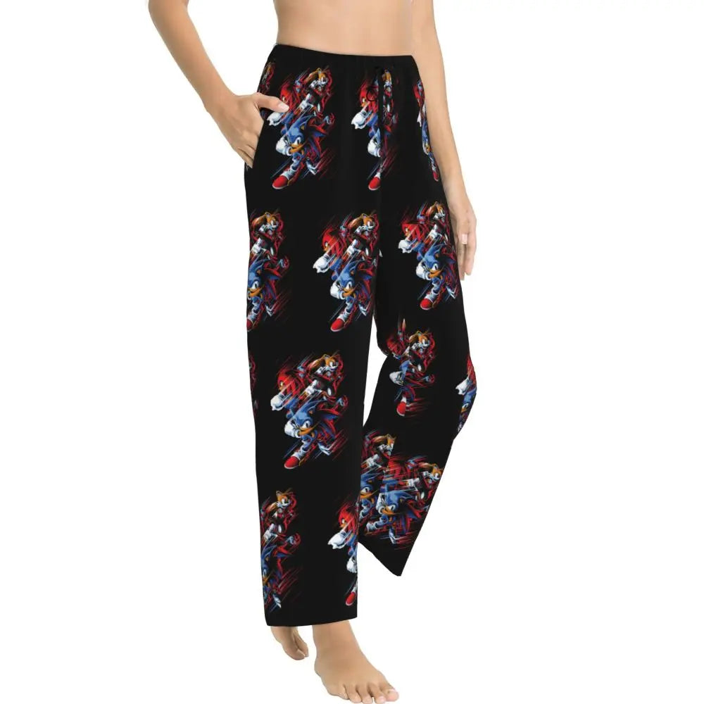 Custom Printed Womens Soniced Pajama Pants Hedgehog Game Sleepwear Sleep Lounge Bottoms with Pockets