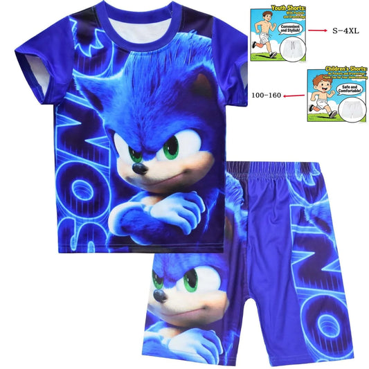 2026 Children's Boys and Girls Hedgehog Sonic Pajama Set Summer Sports Short Sleeved T-shirt+Shorts Cartoon Printed Home Clothes