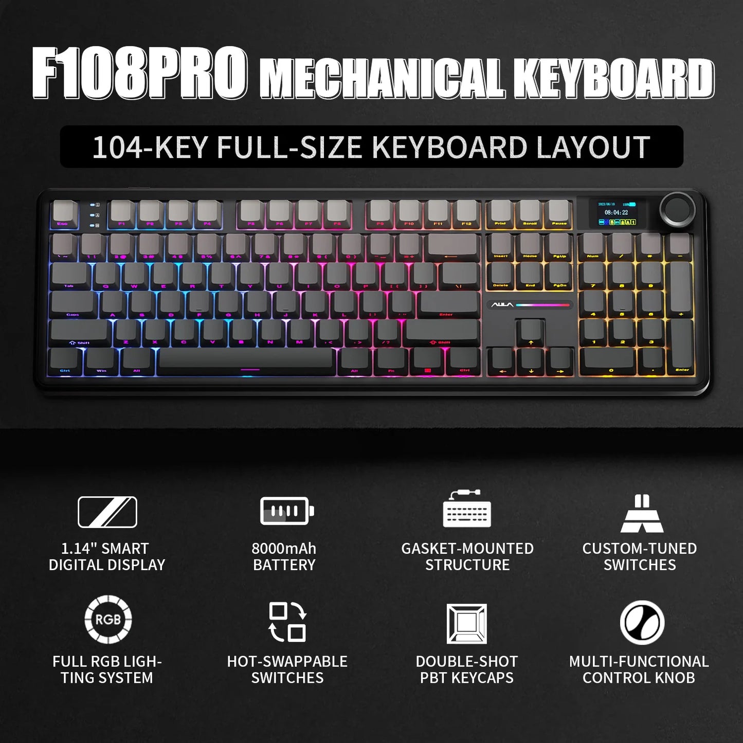 Tastiera meccanica AULA F108 PRO personalizzata layout 100%, retroilluminazione RGB, wireless Bluetooth, switch HiFi, tastiera gaming