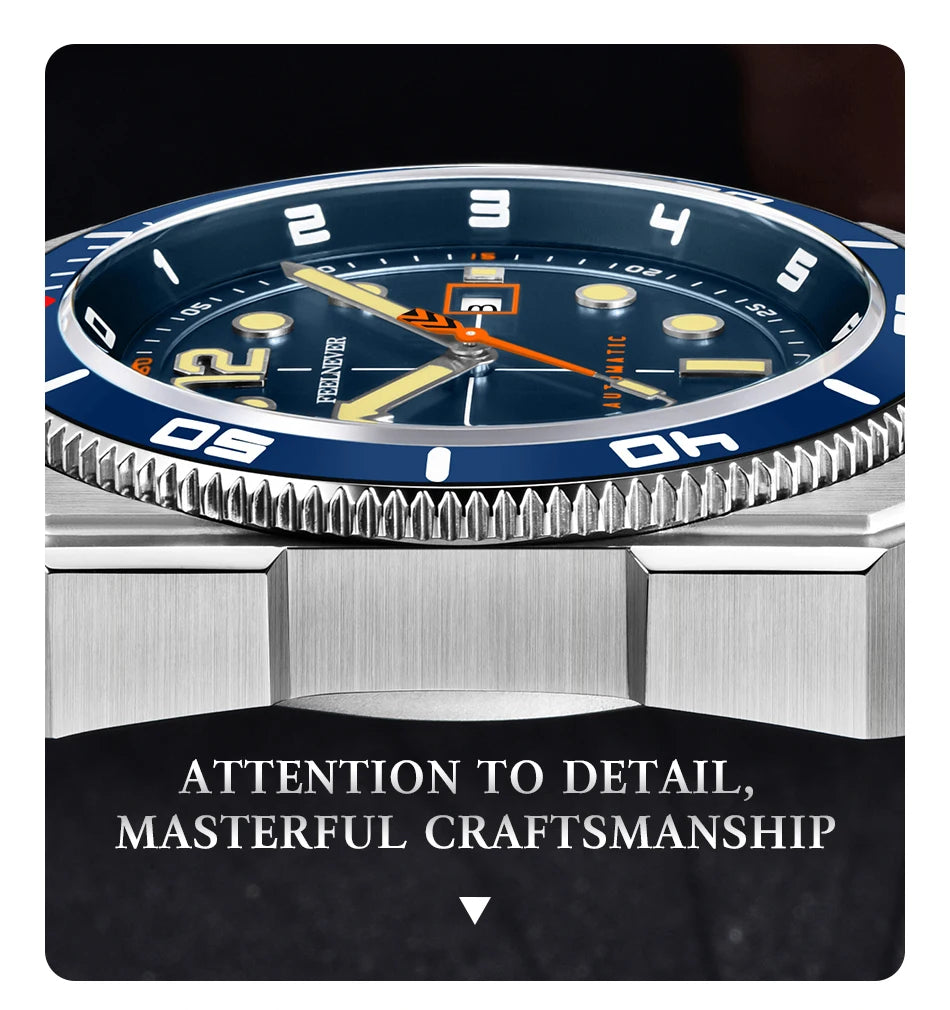 Orologio subacqueo automatico FeelNever 8215 da uomo, super luminoso, in acciaio 316, con vetro zaffiro, orologio sportivo meccanico maschile