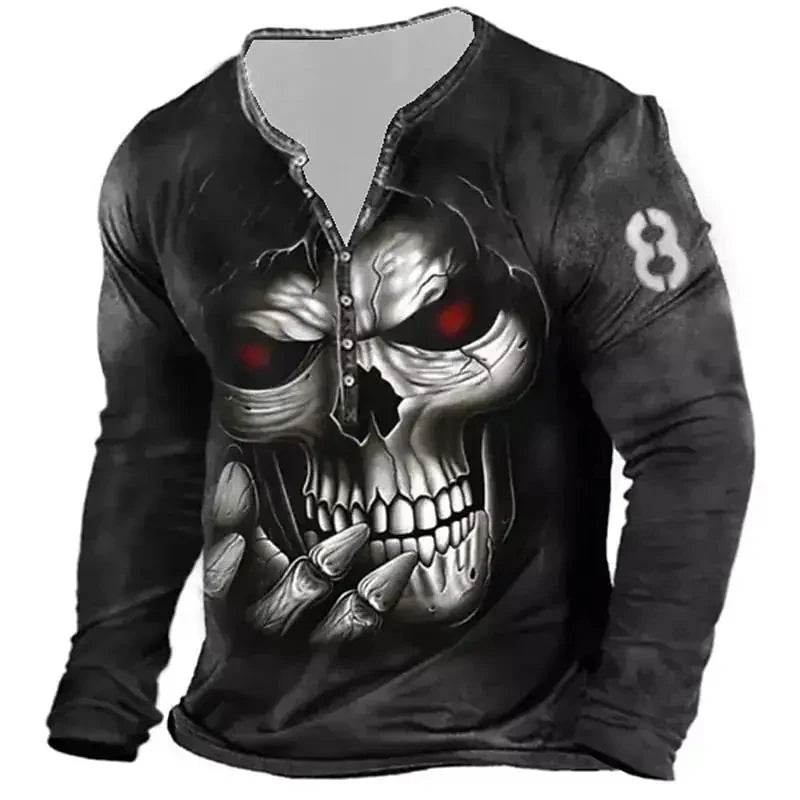 Autumn Skull Henley Shirt 3D Print Streetwear Men's Fashion Vintage Long Sleeve Button T Shirt Men's T Shirt Tops Clothing