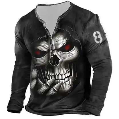 Autumn Skull Henley Shirt 3D Print Streetwear Men's Fashion Vintage Long Sleeve Button T Shirt Men's T Shirt Tops Clothing