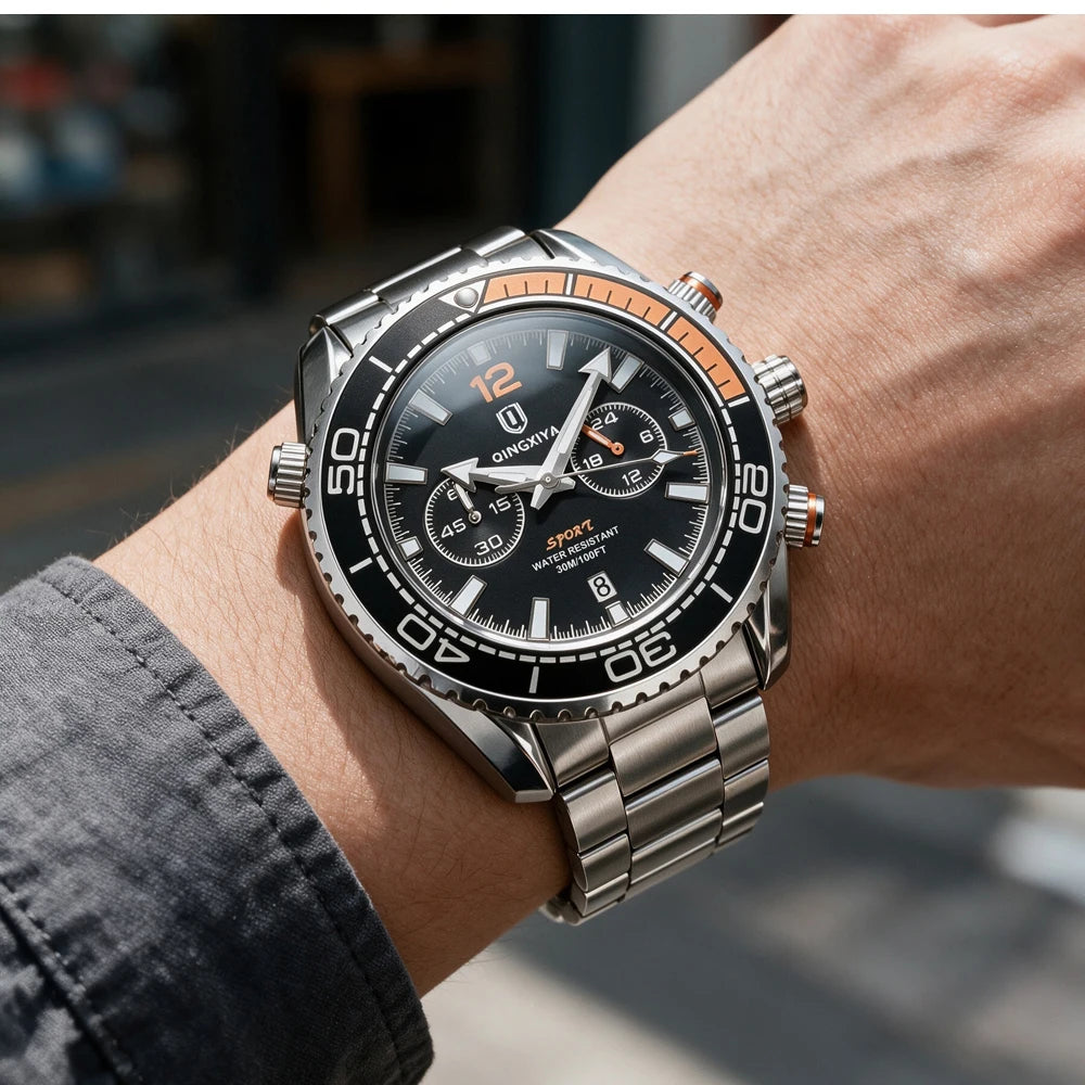 Relógio de pulso de luxo para homem da marca QINGXIYA, cronógrafo desportivo à prova de água com data luminosa, relógio de quartzo casual para homem