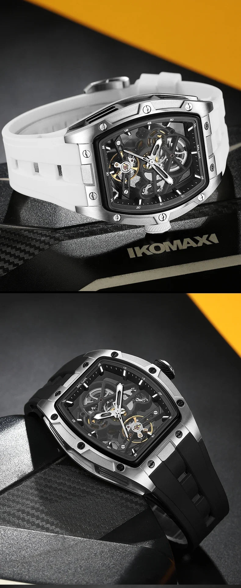 MEGIR MG-2242G Men’s Automatic Mechanical Watch  Skeleton Barrel Case, Luminous Hands & Silicone Strap