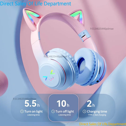 RGB Cat Ear Wireless Bluetooth Headphones for Kids & Girls, LED Light Stereo Gaming Headset with Microphone, Foldable Bluetooth Cat Ear Headphones
