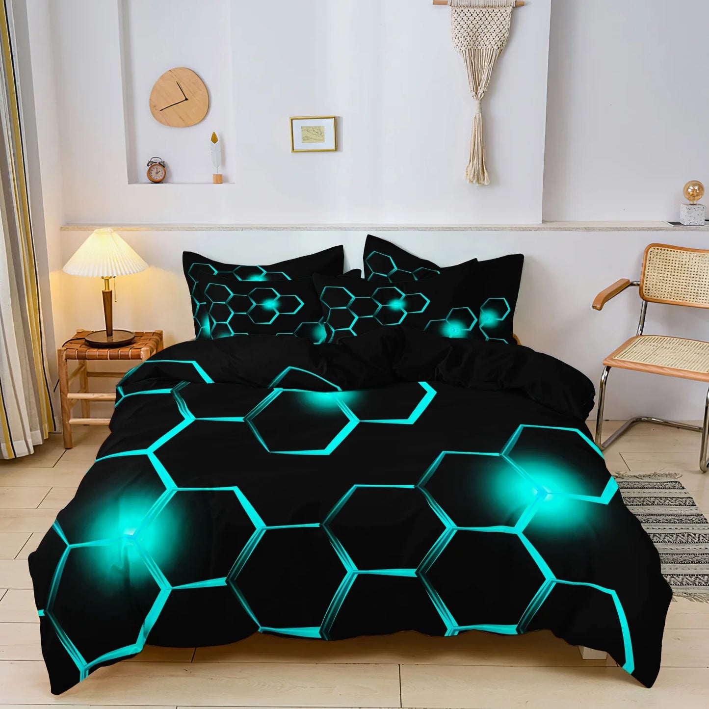 Conjunto de Capa de Edredão 3D Geométrica com Padrão Hexagonal em Favo de Mel, 3 Peças, Roupa de Cama em Poliéster Colorido com Impressão Digital e Fecho de Correr