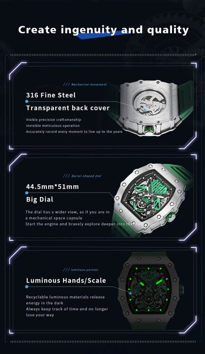 BAOGELA Richard Automatic Mechanical Watch for Men Wrist Watch Luxury Watches with Free Shipping Rubber Strap Reloj Hombre