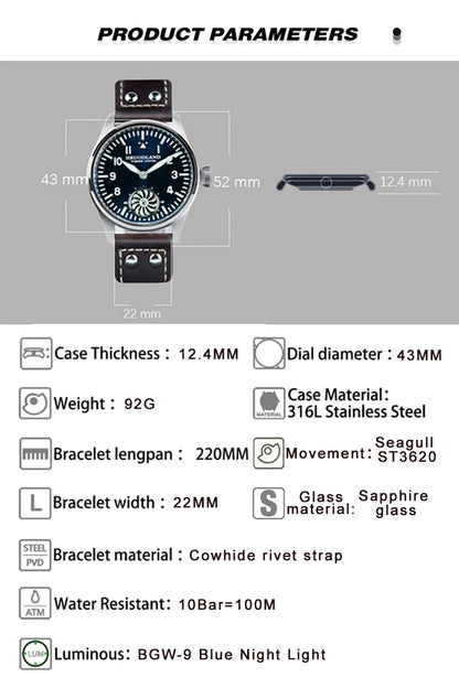Hruodland Pilot St3620 Retro Men's Manual Mechanical Watch Luxury Sapphire Bgw-9 Night Light Turbine Waterproof 5Bar Reloj Hombr