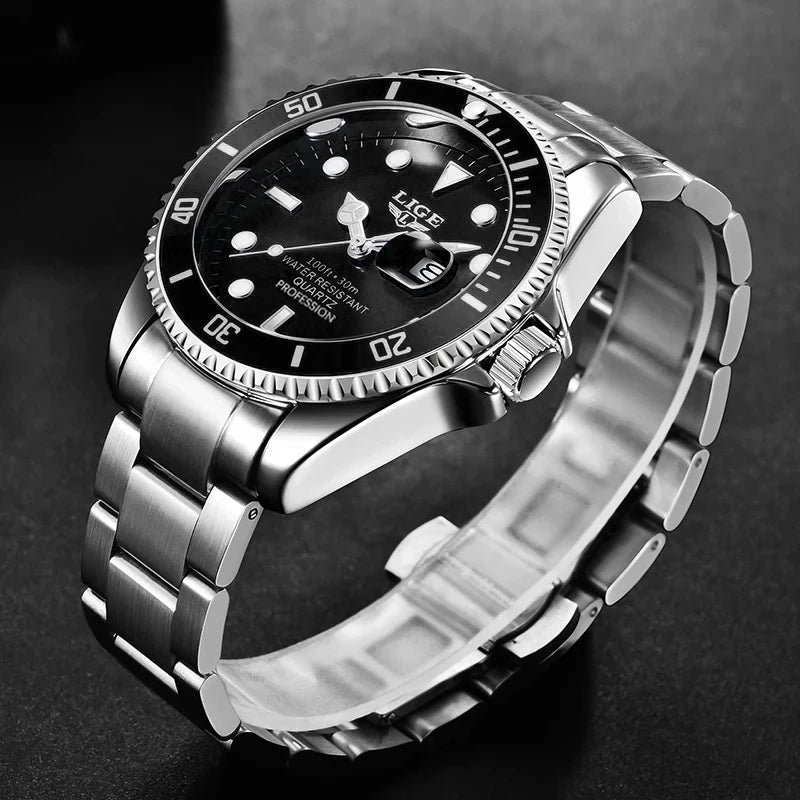 Luxus-Taucheruhr für Herren, Marke LIGE, wasserdicht bis 3 ATM, mit Datumsanzeige, sportliche Quarzuhr