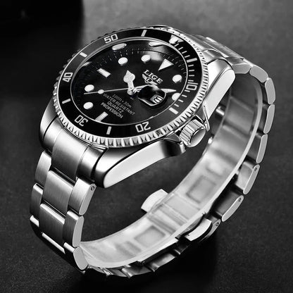 Luxus-Taucheruhr für Herren, Marke LIGE, wasserdicht bis 3 ATM, mit Datumsanzeige, sportliche Quarzuhr