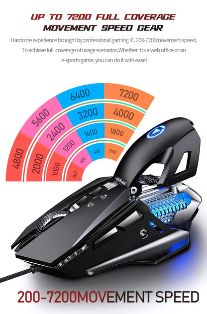 Žična e-športna gaming miška z RGB-osvetlitvijo, nastavljiva 200-7200 DPI, USB-žična za PC, prenosnik in FPS-igre