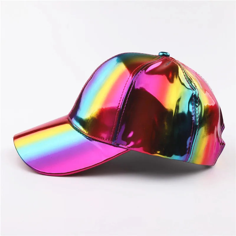Unisex PU Rainbow Color Changing Baseball Hat Fashion Adult Laser Hip Hop Cap Outdoor Casual Snapback Shiny Party Dressing Hat