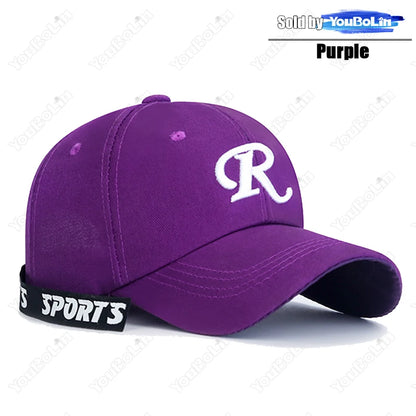 Casquette de baseball à visière rigide ajustable en coton brodé avec ruban en forme de lettre « R », casquette de soleil, casquette de camionneur, casquette hip-hop