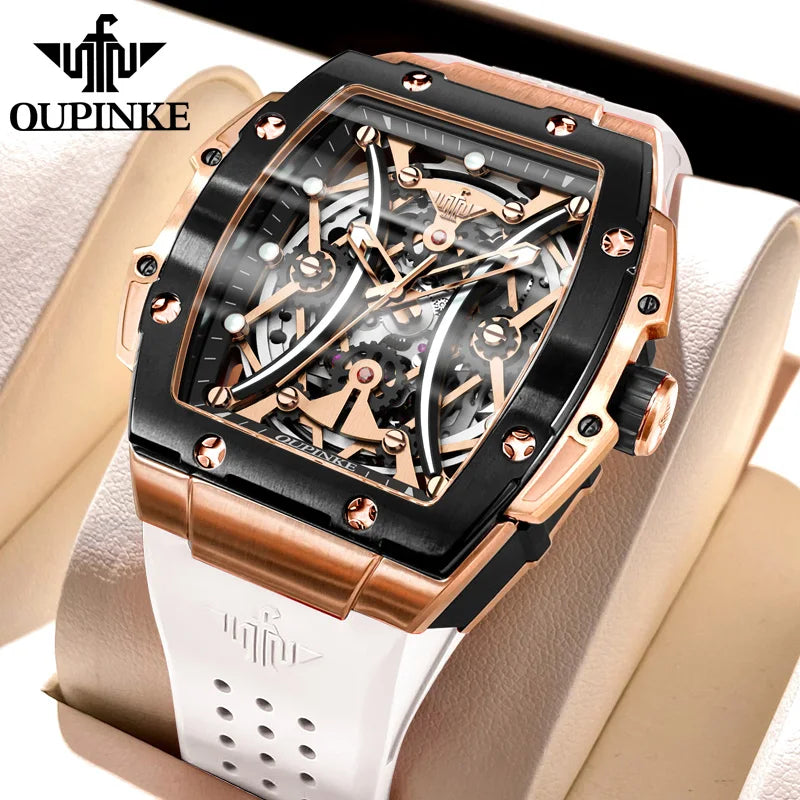 OUPINKE Men's Watches Classic Luxury Tonneau Dial Top Brand Original Automatic Mechanical Wristwatch Silicone Strap Sapphire New
