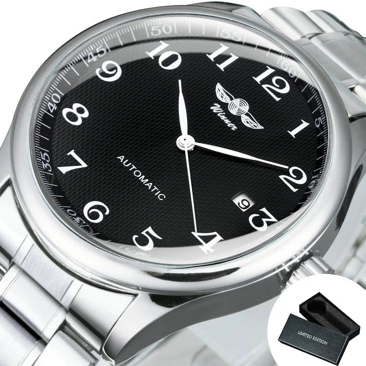 Klassische Herrenuhr – Retro-Design mit Kalender und blauen Zeigern, mechanisches Automatikwerk, renommierte Marke, Edelstahlgehäuse und Lederarmband