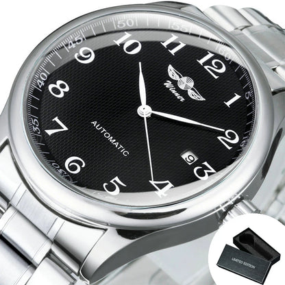 Klassische Herrenuhr – Retro-Design mit Kalender und blauen Zeigern, mechanisches Automatikwerk, renommierte Marke, Edelstahlgehäuse und Lederarmband